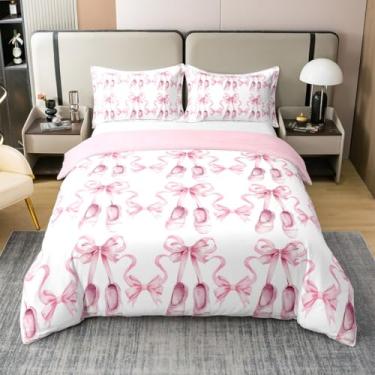 Imagem de Conjunto de roupa de cama queen size de algodão com laço princesa com tema de dança (sem edredom), capa de edredom para quarto, capa de colcha listrada com fita rosa aquarela, 3 peças