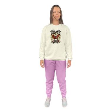 Imagem de Conjunto de Moletom Feminino Blusa Sem Capuz e Calça Jogger Estampado 