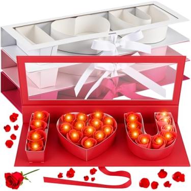 Imagem de Weekgrat Pacote com 4 caixas de presente de flores vazias I Love You com luz LED de papelão coração letras florais com janela transparente para presente de Dia dos Namorados DIY (branco, rosa