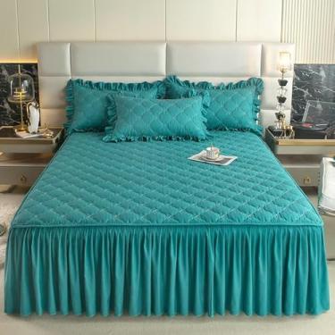 Imagem de Colchas plissadas estilo saia de cama com babados protetor de cama base de cor sólida saia clássica com babados (cor: D, tamanho: 180 x 220 cm) (F 200 x 220 cm + 2 fronhas)