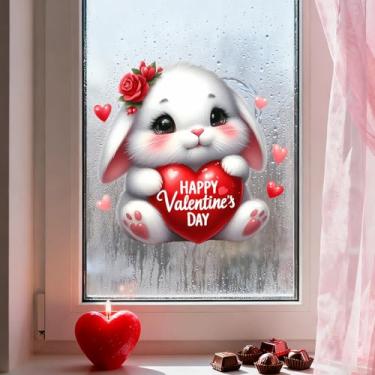 Imagem de Adesivos de janela de dia dos namorados adesivos de janela de coelho fofo com design de rosa de coração dupla face para decoração de exibição de porta de vidro de festa de aniversário de casamento, 1