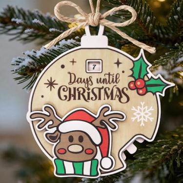 Imagem de Enfeite de contagem regressiva de rena para Natal, 1 a 25 dias até o Natal de 2025, enfeite de madeira para pendurar com roda de contagem regressiva rotativa para decoração de árvore de Natal