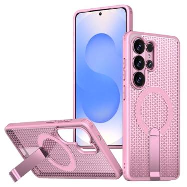 Imagem de POYUFRG Capa magnética para Samsung Galaxy S26 Ultra/S26 Plus/S26, capa de telefone fina e translúcida com dissipação de calor com capa de suporte de metal, rosa, S26 Plus