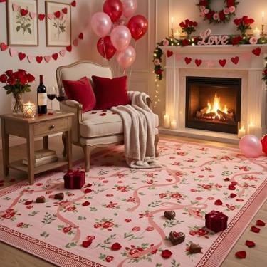 Imagem de GarveeHome Tapetes de Natal vermelhos para quarto de meninas, tapete lavável 12 x 18 cm para sala de estar com pelo baixo macio, tapete floral lavável vermelho para berçário, sala de jogos, dormitório