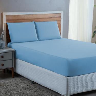 Imagem de Jogo de Cama Queen Size 300 Fios 100% Algodão 03 Peças Cama Box 30cm Altura Tecido Macio Qualidade (AZUL BEBÊ)