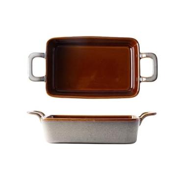 Imagem de VHDY85KA Caçarola 600 ml Cerâmica Dupla Orelha Assadeira Vintage Forno Trocador Restaurante Doméstico Prato Vegetal Assar Queijo Prato de Arroz para Cozinhar (Marrom)