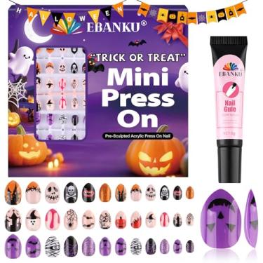 Imagem de EBANKU Kit de unhas postiças de Halloween infantil, 72 peças, cobertura completa, morcego, abóbora, wed, design com cola para unhas