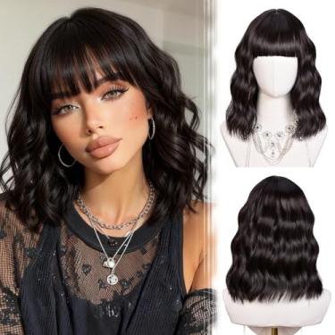 Imagem de Peruca ondulada curta com franja para mulheres, marrom escuro, ondulado, comprimento do ombro, cabelo cacheado, cabelo sintético macio e sedoso, perucas pretas para meninas uso diário em festas