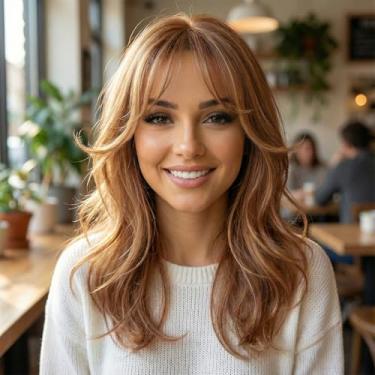 Imagem de Peruca de cabelo humano de 61 cm com franja de cortina – Peruca macia média longa e fofa em camadas para mulheres, linha do cabelo natural, fácil de usar branco-marrom