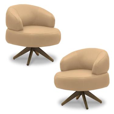 Imagem de Kit 2 Poltronas Decorativas Katy Sala de Estar Base Giratória em Madeira Couro Nude G88 - Gran Belo