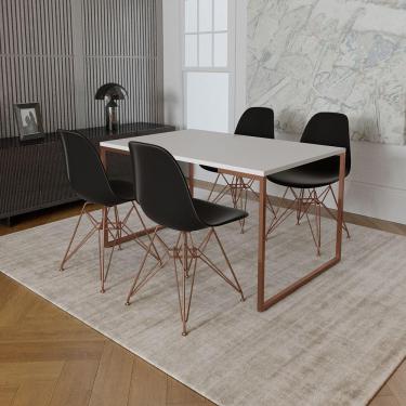 Imagem de Mesa Industrial Base Ferro Cobre 137X90 Tampo Branco 4 Cadeiras Eiffel Ferro Cobre Assento Preto