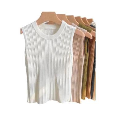 Imagem de Camiseta Sem Mangas Feminina Com Decote Em V, Tricô, Slim Fit, Casual,