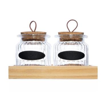 Imagem de Kit Com 2 Potes De Vidro 260Ml E Suporte Em Madeira - Lyor