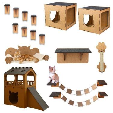 Imagem de Kit Playground Para Gatos Mdf Degraus Ponte Nicho Cama Descanso Casinh