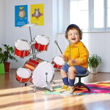 Imagem de Bateria Musical Cavaco Infantil Mini Guitarra Microfone Baqueta Prato 