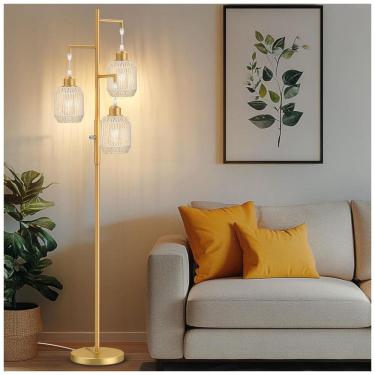 Imagem de Luminária de chão boho regulável ROTTOGOON 3 luzes rattan dourada 1,73m com LED 2700K