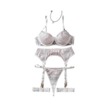 Imagem de Conjunto De Lingerie Feminino Com Bordado De Flores, 4 Peças, Cor Pura