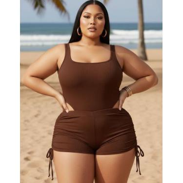 Imagem de Kit Maiô E Short Plus Size Forrado Canelado Praia Ajustável - MEG, Mar