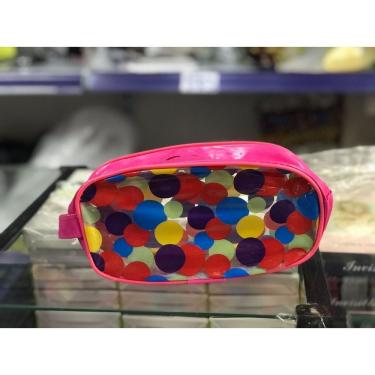 Imagem de Estojo Escolar OEM Bolsinha Transparente em Polipropileno com Zíper 23x11x5 cm Modelo Rosa com Bolinhas