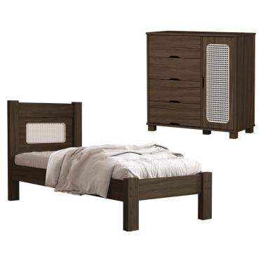 Imagem de Cama de Solteiro e Comoda 4 Gavetas 1 Porta MDF Clara Decmade