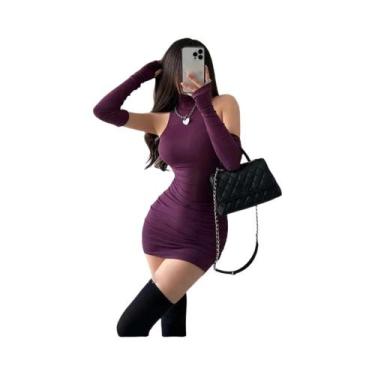 Imagem de Vestido Mini Preto Feminino Com Gola Alta, Mangas Compridas, Plissado,