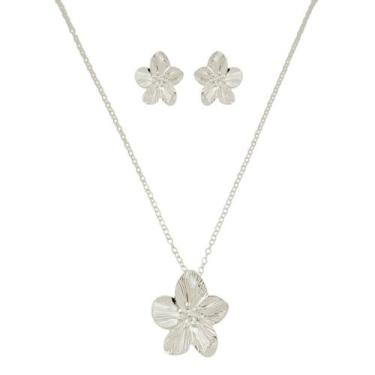 Imagem de Conjunto Colar e Brinco Folheado a Prata 925 Flor Desenhada - Safira S
