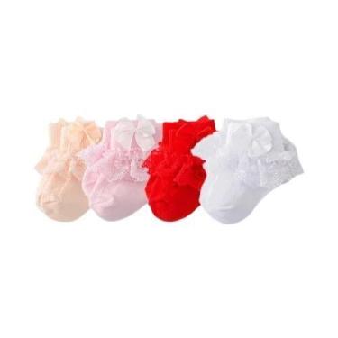 Imagem de Meias De Algodão Com Renda Para Meninas, 4 Pares, Recém-nascidos, Prin