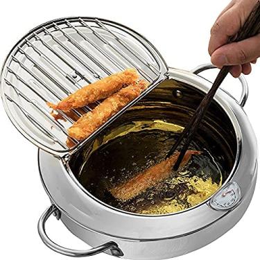Imagem de Maogear Panela de fritadeira profunda de aço inoxidável 304, fritadeira tempura com termômetro e tampa, frigideira tempura estilo japonês (24 cm)