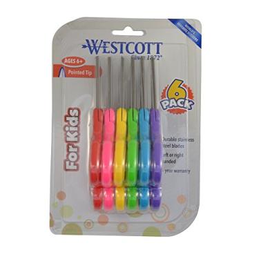 Imagem de Westcott Tesouras para destros e canhotos para crianças, tesouras de segurança pontiagudas de 12 cm, sortidas, pacote com 6 (16455)