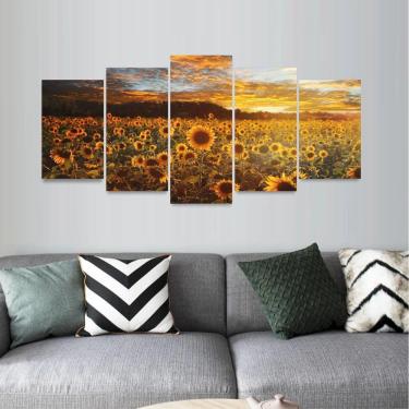 Imagem de Quadro Campo de Flores Pôr do Sol Girassol Mosaico 5 Peças