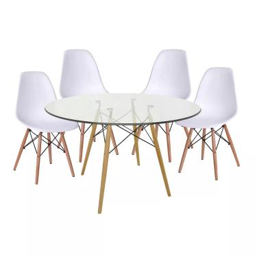 Imagem de Conjunto Mesa Eiffel de Vidro com a Base Madeira 90cm + 4 Cadeiras Eames DSW 