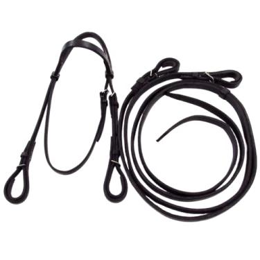 Imagem de Kit Cabeçada Princesinha e Rédea de Couro Aberta Preto Para Cavalo