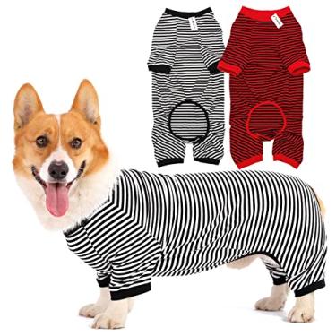 Imagem de Pijama para cães de algodão listrado, pijama básico respirável com 4 pernas para filhotes e gato, super macio, elástico, moderno e confortável para meninos e meninas (preto, vermelho + preto, médio)
