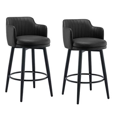 Imagem de Conjunto De 2 Bancos Bar Preto Com Encosto Cadeira Bar Giratória Ilha De Cozinha Bancos Bar Altura De Balcão, Pele Nappa Pernas Metal Preto Assento Redondo Estofado, Para Bares, Cafés, Lounges, Pubs