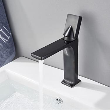 Imagem de Torneira de bacia de bacia quente e fria preta montada em latão quadrado misturadores de banheiro com alça única branca vaidade torneira misturadora de bacia torneira, preto fosco curto, China
