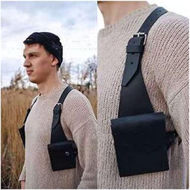 Imagem de KRASS Bolsa de ombro masculina com alça escondida bolsa de ombro retrô ajustável couro PU bolsa de ombro duplo bolsa de axila coldre steampunk coldre carteira antirroubo, preto, colecionador88
