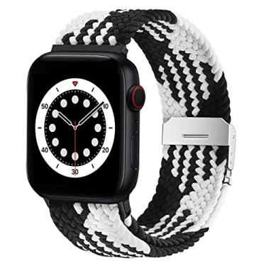 Imagem de WFEAGL Pulseira trançada Loop em nylon elástico compatível com Apple Watch 38mm 40mm 41mm 42mm 44mm 45mm e Ultra 49mm, pulseira de elástico para Apple Watch Séries SE/8/7/6/5/4/3 (Relógio não incluso)- Preto+Branco