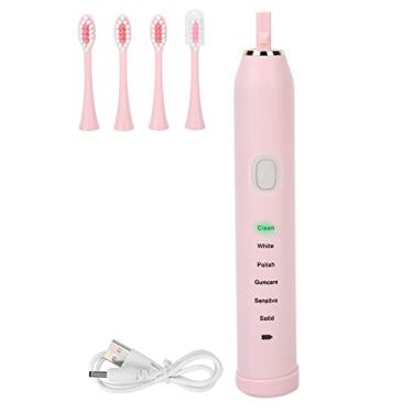 Imagem de Escova de dentes elétrica, escova de dentes de branqueamento recarregável por USB, escovas portáteis de viagem com 4 escovas de cabeça para adultos (rosa)