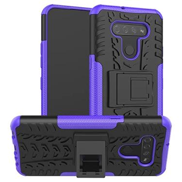 Imagem de Capa protetora de capa de telefone compatível com LG K51, TPU + PC Bumper híbrido capa robusta de grau militar, capa de telefone à prova de choque com bolsas de suporte mangas (cor: roxo)
