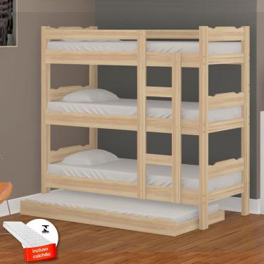 Imagem de Treliche Madeira Maciça Crua Com Auxiliar E 4 Colchões Esmeralda Nemargi