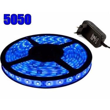 Imagem de Fita Led Azul 5Mts Dupla Face 5050 12V 300 Leds Com Fonte Bivolt - Mkb