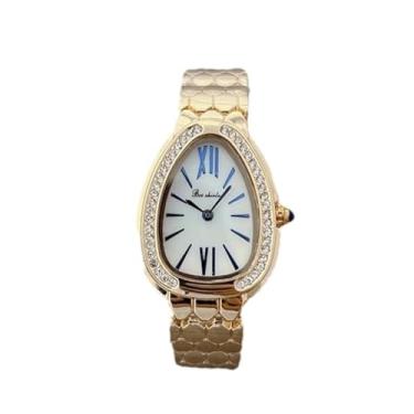 Imagem de KLSKLYL Relógio feminino requintado com pulseira de aço, relógio de quartzo exclusivo e criativo com mostrador de diamante em forma de cobra, Dourado