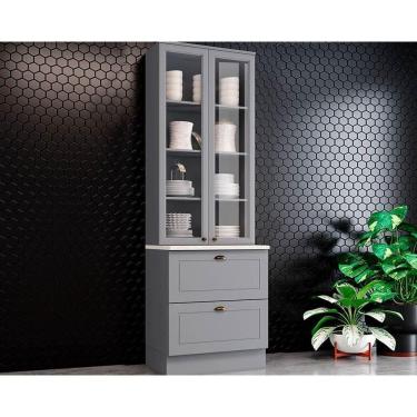 Imagem de Paneleiro De Cozinha Modulado Cristaleira C/ 2 Portas (2 C/vidro) C/ 2 Gavetas 71.5cm Cinza