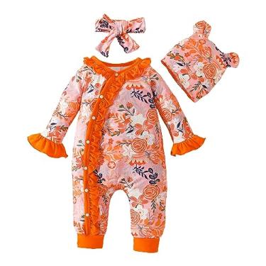 Imagem de Macaquinho para bebês recém-nascidos, manga rodada, floral, babados, macacão de manga comprida para bebês (laranja, 6 a 9 meses)