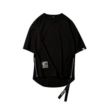 Imagem de LEKODE Camiseta masculina hip hop, zíper lateral, patchwork, gola redonda, manga curta, Preto, M