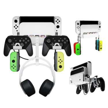 Imagem de Kit de montagem em parede para Switch/Switch OLED com suporte de controlador duplo, suporte para fone de ouvido, cabo de carregamento 2 em 1, 5 slots para cartão de jogo, 4 ganchos Joy-Con. (Branco)