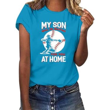 Imagem de PKDong Camiseta feminina de beisebol com estampa My Son at Home, manga curta, gola redonda, casual, verão, Azul, GG