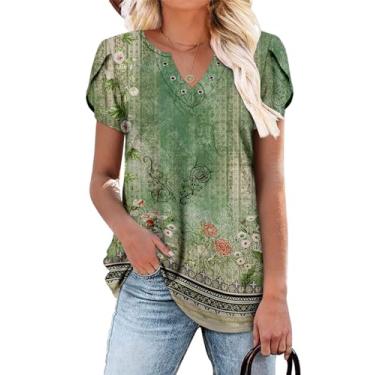 Imagem de onlypuff Camisas femininas de verão com gola V, manga curta, túnica casual, rodada, com babados, F - coral verde, M