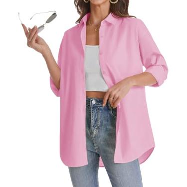 Imagem de J.VER Camisa feminina de botão grande casual manga longa leve respirável de algodão sólido camisa social para escritório, rosa, GG