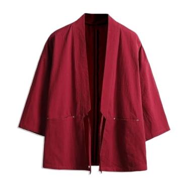 Imagem de Camisa masculina de verão, quimono, chinês, de algodão, ponto aberto, cardigã cor lisa, moda urbana, japonês, camisas finas, Vermelho, P